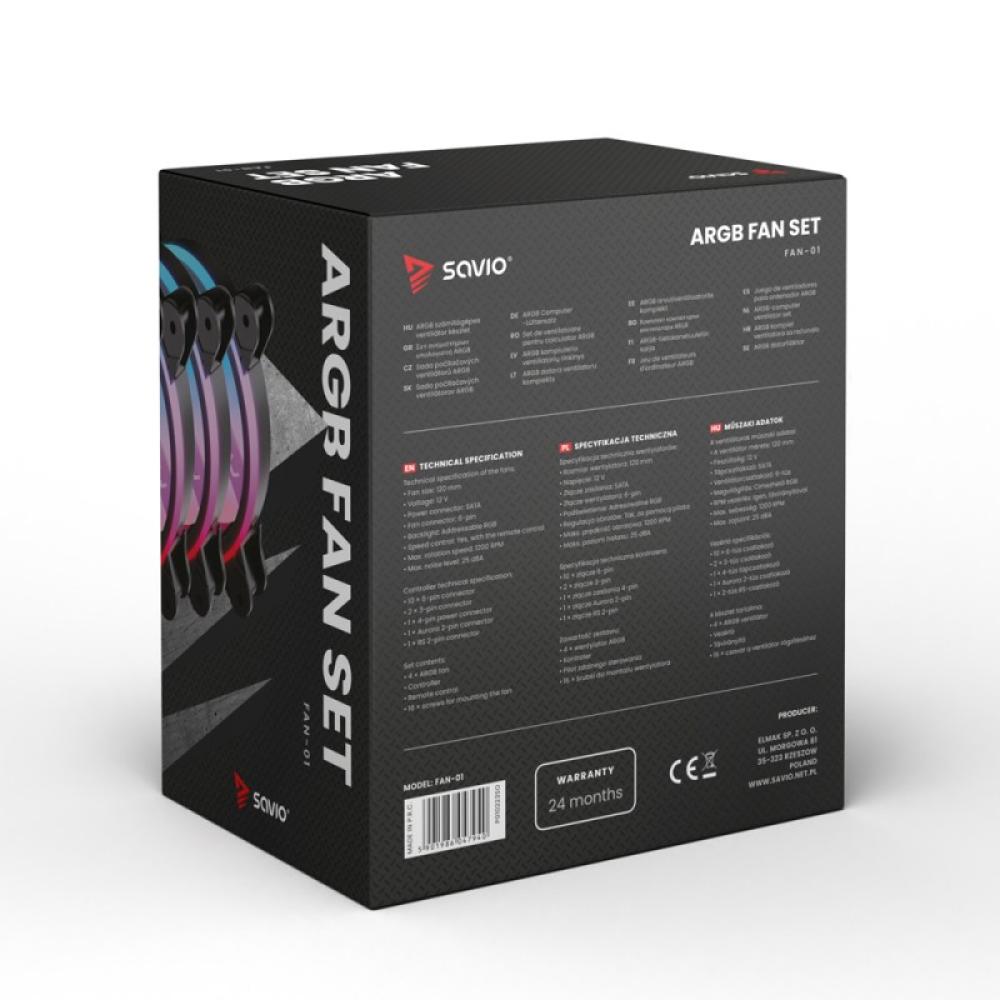 Savio - FAN-01 4-pack 120mm ARGB fan including controller and remote control Carcasa del ordenador Ventilador 12 cm Negro 4 piez