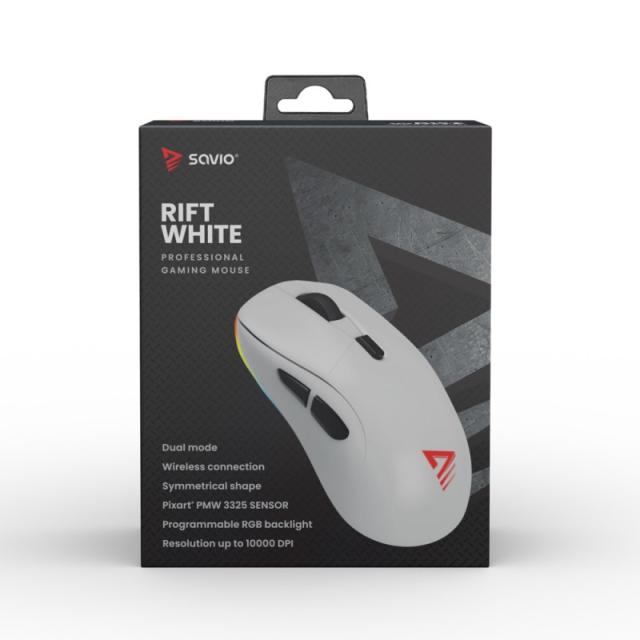 Savio - RIFT WHITE gaming mouse RGB Dual Mode ratón Juego mano derecha Bluetooth + USB Type-C Óptico 10000 DPI