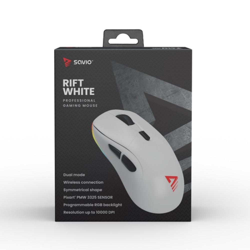 Savio - RIFT WHITE gaming mouse RGB Dual Mode ratón Juego mano derecha Bluetooth + USB Type-C Óptico 10000 DPI