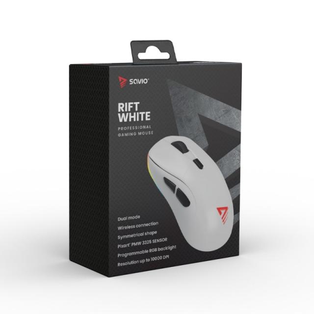 Savio - RIFT WHITE gaming mouse RGB Dual Mode ratón Juego mano derecha Bluetooth + USB Type-C Óptico 10000 DPI
