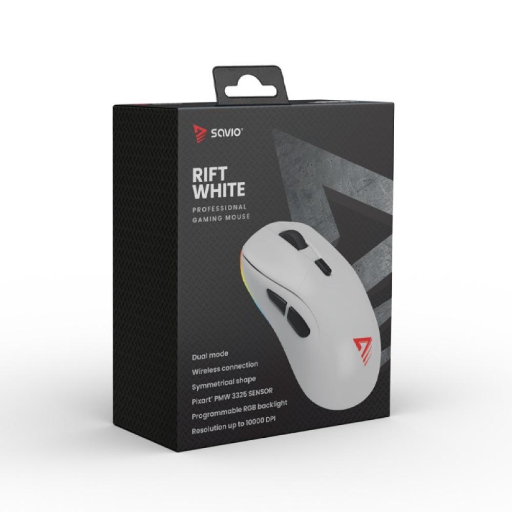 Savio - RIFT WHITE gaming mouse RGB Dual Mode ratón Juego mano derecha Bluetooth + USB Type-C Óptico 10000 DPI