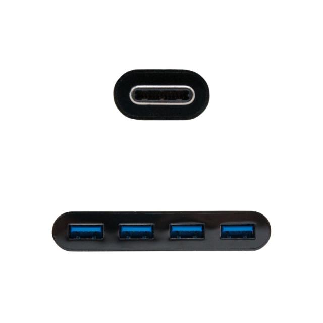 Nanocable - Adaptador USB-C a 4xUSB 3.0. USB-C/M-USB 3.0/H, Negro, 10 cm