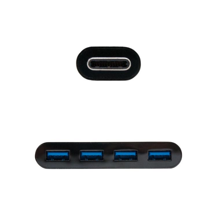 Nanocable - Adaptador USB-C a 4xUSB 3.0. USB-C/M-USB 3.0/H, Negro, 10 cm