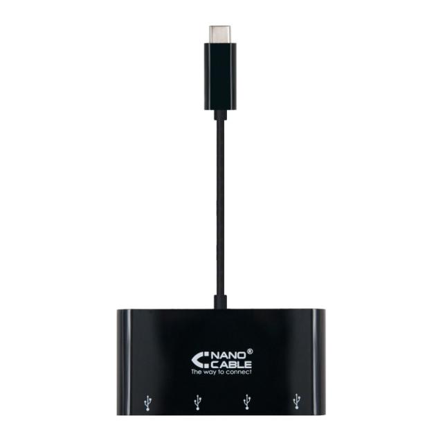 Nanocable - Adaptador USB-C a 4xUSB 3.0. USB-C/M-USB 3.0/H, Negro, 10 cm