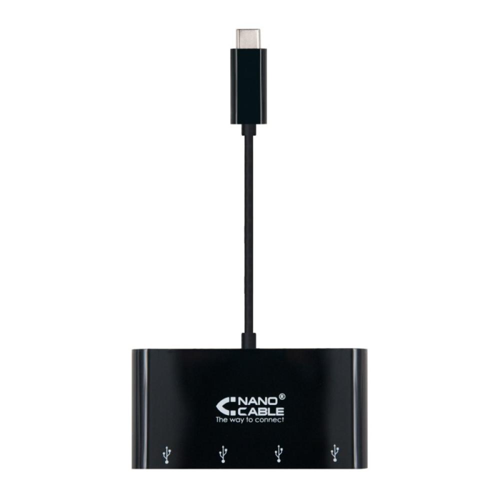 Nanocable - Adaptador USB-C a 4xUSB 3.0. USB-C/M-USB 3.0/H, Negro, 10 cm