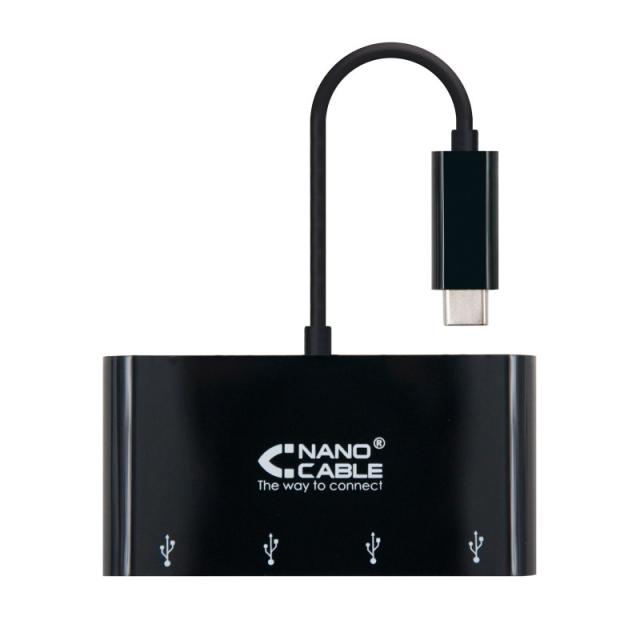 Nanocable - Adaptador USB-C a 4xUSB 3.0. USB-C/M-USB 3.0/H, Negro, 10 cm