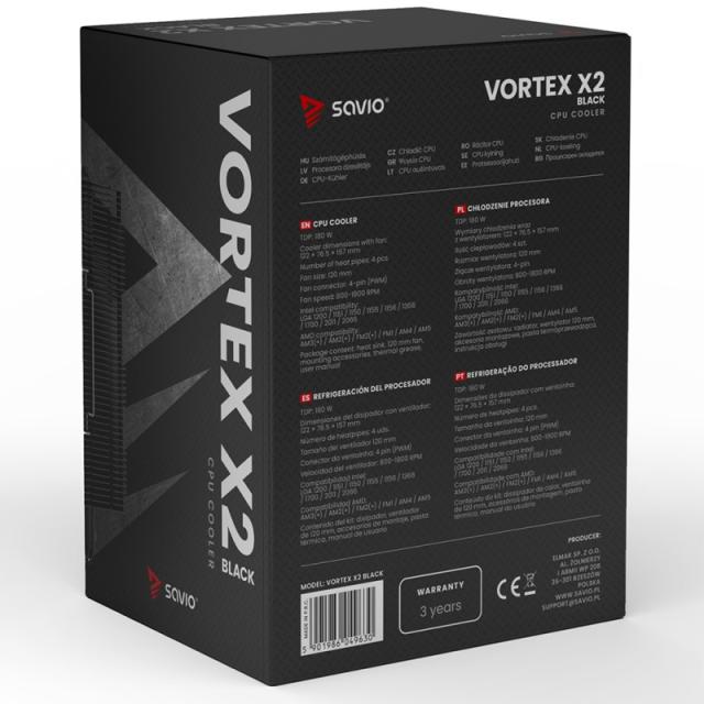Savio - Vortex x2 Black Placa base Refrigerador de aire 12 cm Negro 1 pieza(s)
