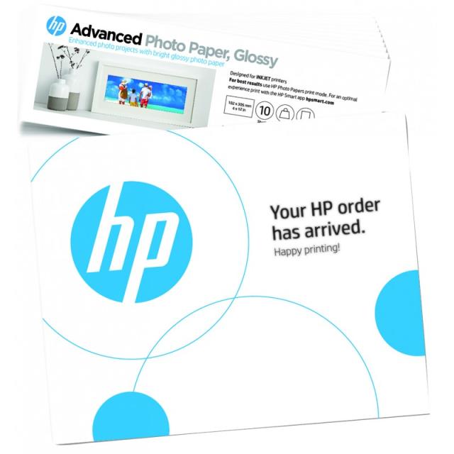 HP - Papel fotográfico Advanced, brillante, 65 libras, 4 x 12 pulgadas (101 x 305 mm), 10 hojas
