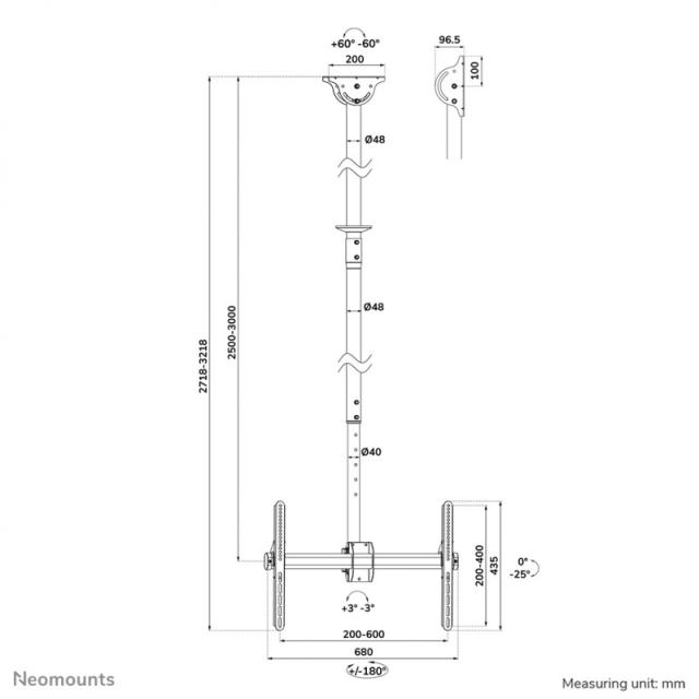Neomounts - CL35-440BL16XL Soporte de techo para monitor/TV 37-70" - alt. 250-300 cm