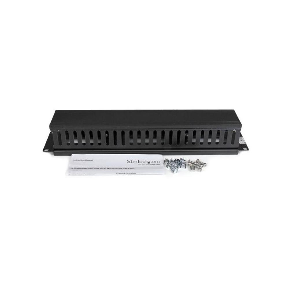 StarTech.com - Panel Canaleta Horizontal de 2U con Cubierta para Gestión de Cableado en Racks y Perforaciones Laterales