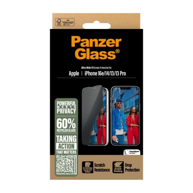 PanzerGlass - Privacy Screen Protector iPhone 16e / 14 / 13 / 13 Pro / Ultra-Wide Fit w. EasyAligner Protector de pantalla Apple