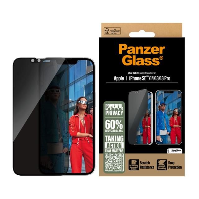 PanzerGlass - Privacy Screen Protector iPhone 16e / 14 / 13 / 13 Pro / Ultra-Wide Fit w. EasyAligner Protector de pantalla Apple