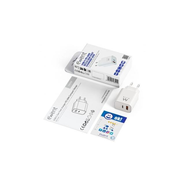 Ewent - Cargador Rápido GaN de 20W USB-C PD y USB-A QC, Diseño Compacto