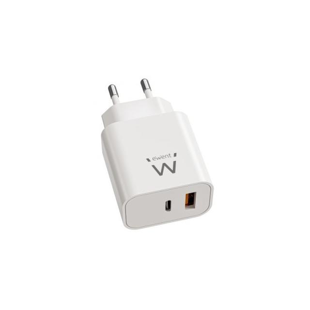Ewent - Cargador Rápido GaN de 20W USB-C PD y USB-A QC, Diseño Compacto