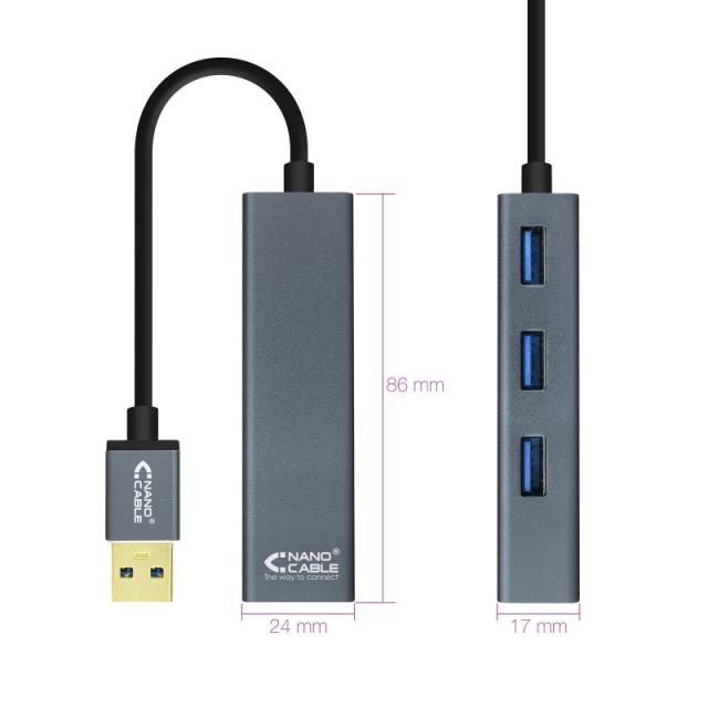 Nanocable - USB 3.0 4xUSB3.0. USB-A/M-USB 3.0/H, Gris, 10 cm