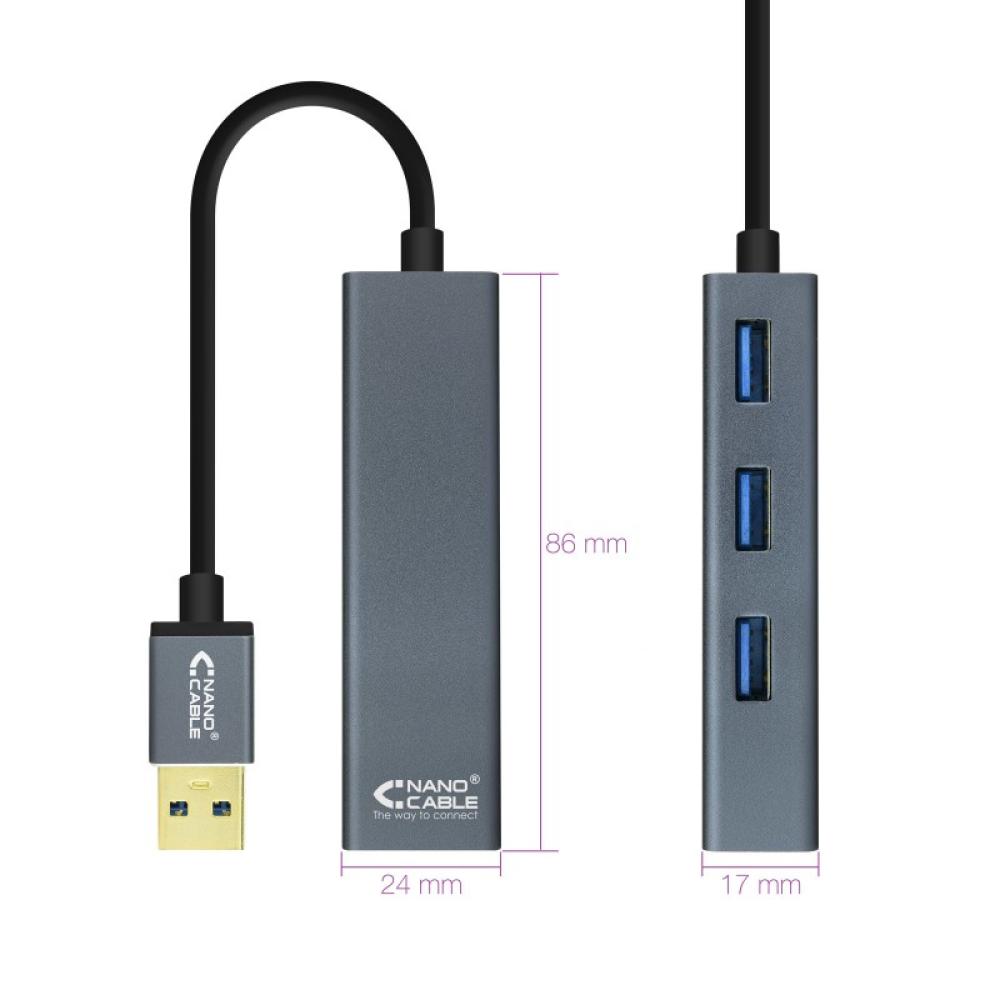 Nanocable - USB 3.0 4xUSB3.0. USB-A/M-USB 3.0/H, Gris, 10 cm
