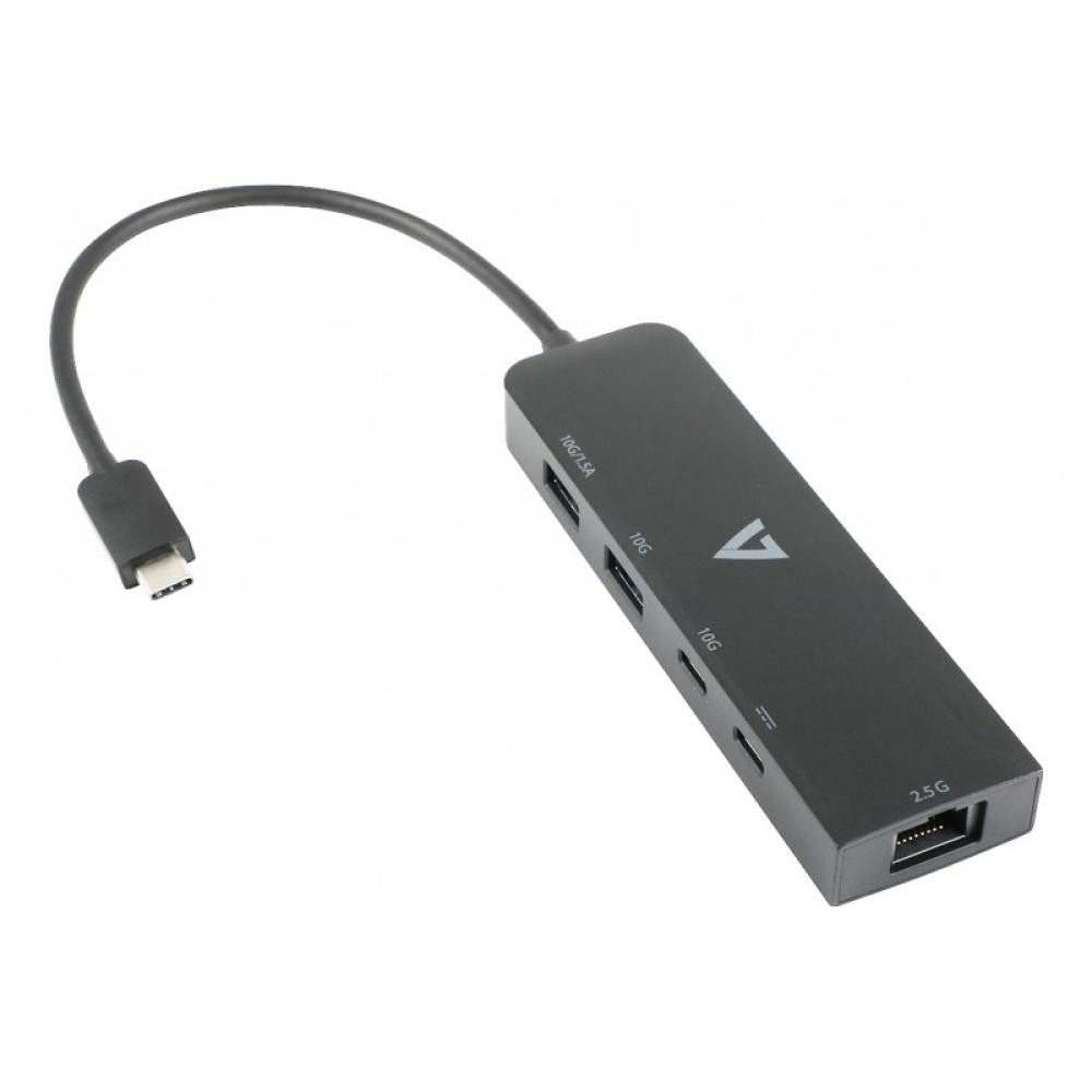 V7 - Adaptador Ethernet 2.5 G USB-C macho a USB A hembra x 2, USB-C hembra x1, RJ45 hembra x1 negro