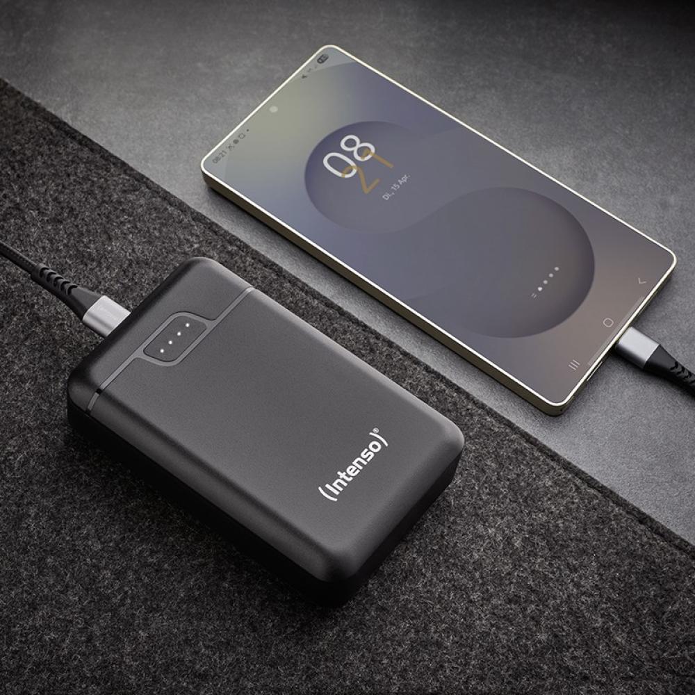Intenso - B10000 – Power bank de 10.000 mAh, batería externa portátil, USB-C y 2× USB-A, indicador LED, probada en Alemania, neg