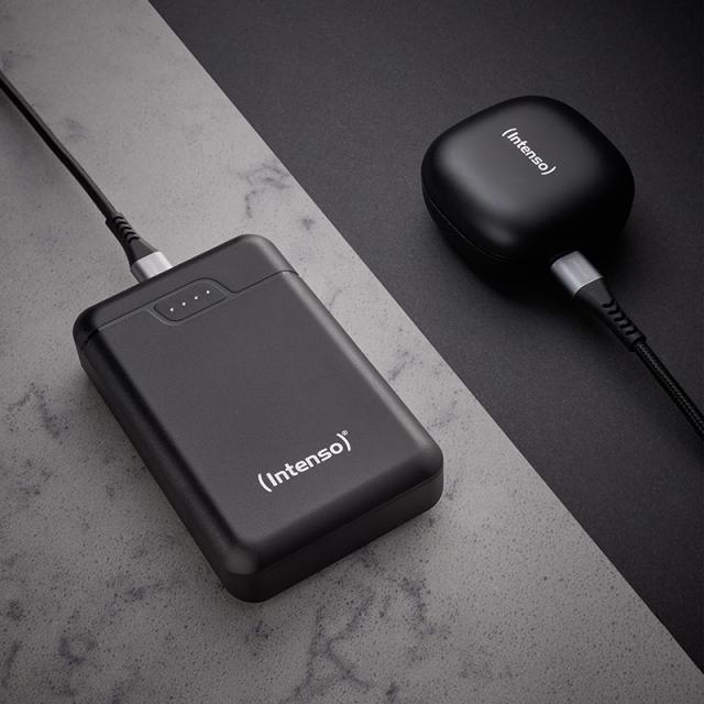 Intenso - B10000 – Power bank de 10.000 mAh, batería externa portátil, USB-C y 2× USB-A, indicador LED, probada en Alemania, neg
