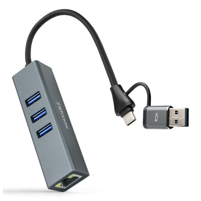 Nanocable - Conversor USB-C+USB-A/M 3.0 a Ethernet + 3xUSB-A 3.0, Aluminio, Gris, 15 cm