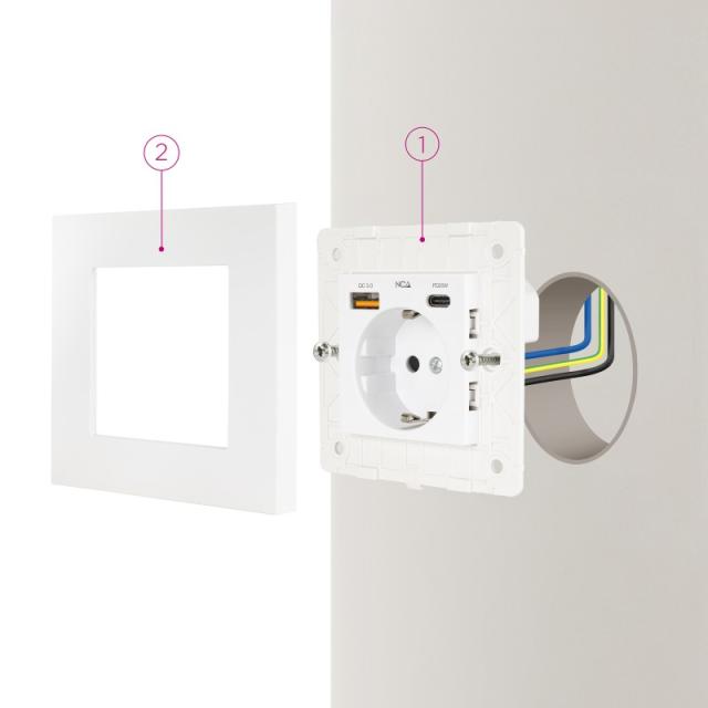 Nanocable - Base de enchufe de pared tipo schuko con 1xUSB-A QC 3.0 + 1xUSB-C PD - Max. 3.4A, Blanco