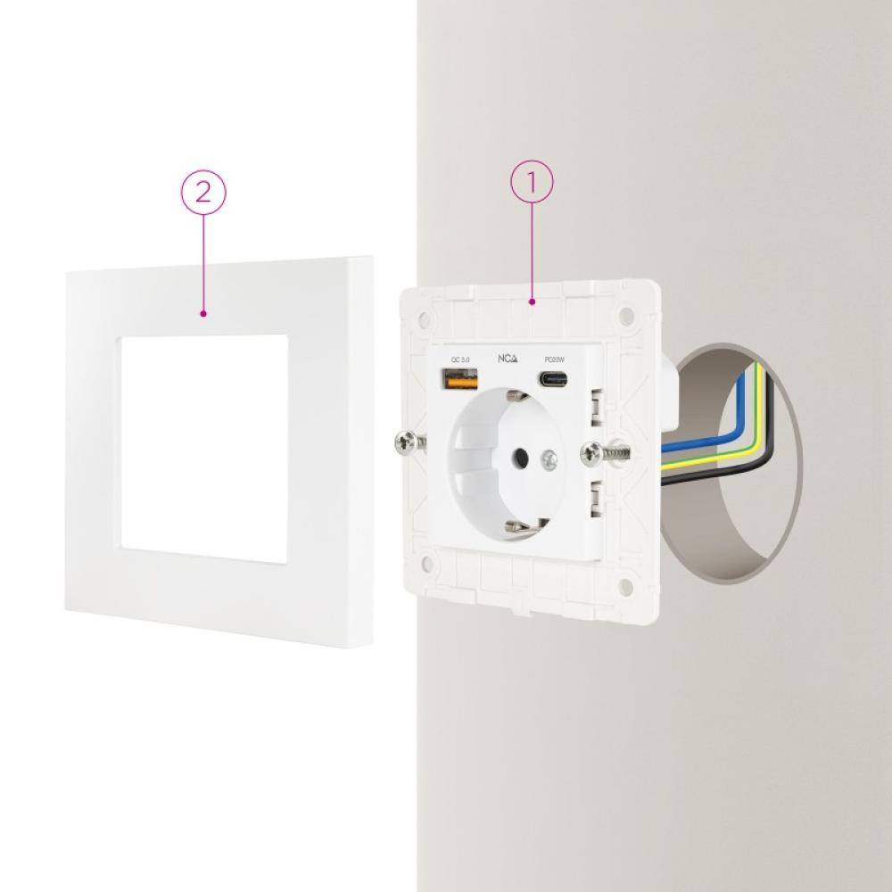Nanocable - Base de enchufe de pared tipo schuko con 1xUSB-A QC 3.0 + 1xUSB-C PD - Max. 3.4A, Blanco
