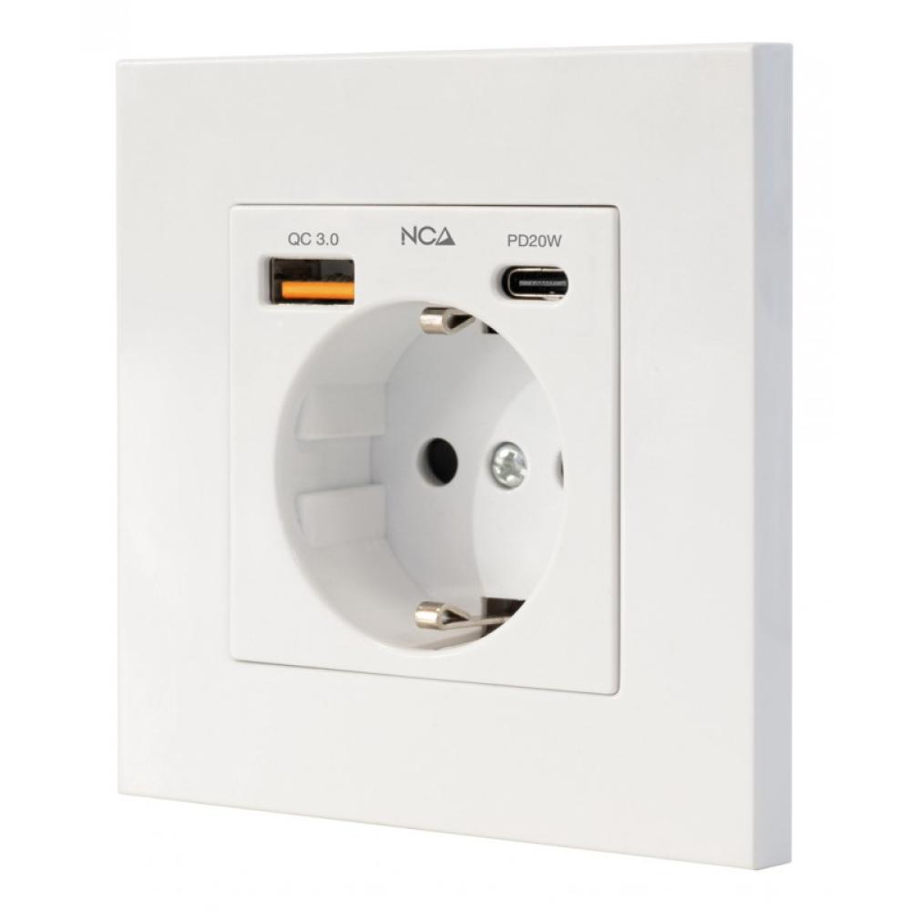 Nanocable - Base de enchufe de pared tipo schuko con 1xUSB-A QC 3.0 + 1xUSB-C PD - Max. 3.4A, Blanco