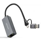 Nanocable - Conversor USB-C+USB-A/M 3.0 a Ethernet, Aluminio, Gris, 15 cm