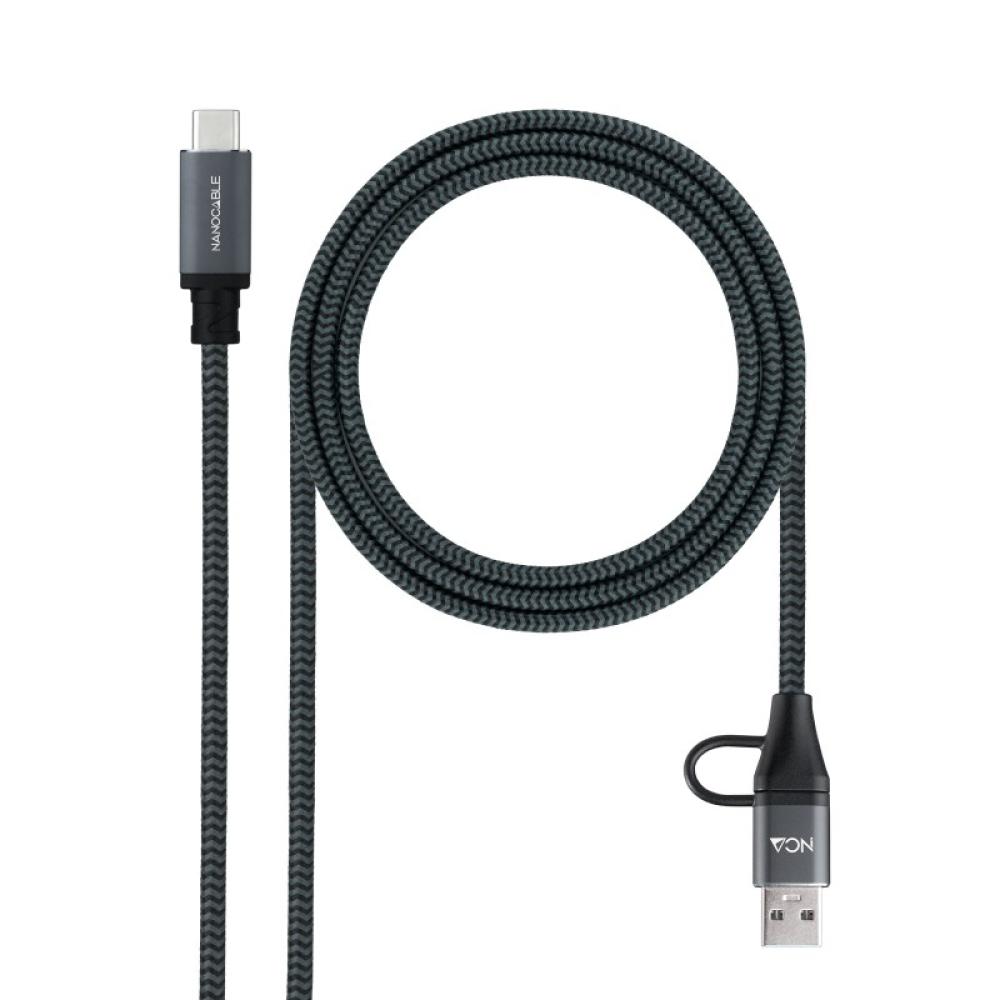 Nanocable - Cable USB 3.2 Gen2x2 20Gbps 5A/100W, USB-C+USB-A/M a USB-C/M, Gris/Negro, 2m