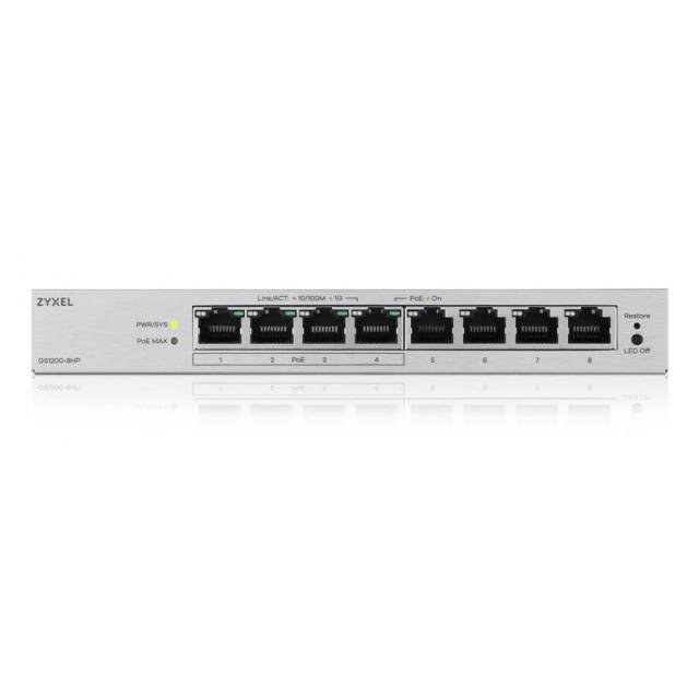 Zyxel - GS1200-8HPV3 Gestionado L2 Gigabit Ethernet (10/100/1000) Energía sobre Ethernet (PoE) Escritorio Gris