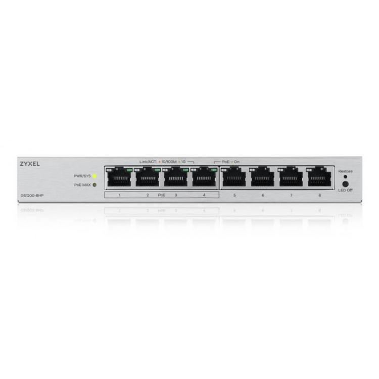 Zyxel - GS1200-8HPV3 Gestionado L2 Gigabit Ethernet (10/100/1000) Energía sobre Ethernet (PoE) Escritorio Gris