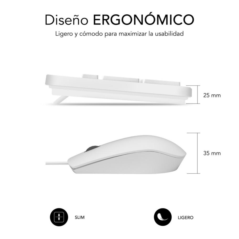 SUBBLIM - Teclado Ergonómico y ratón Combo Business Slim Silencioso con cable USB Blanco