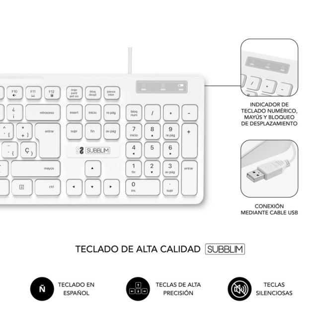 SUBBLIM - Teclado Ergonómico y ratón Combo Business Slim Silencioso con cable USB Blanco