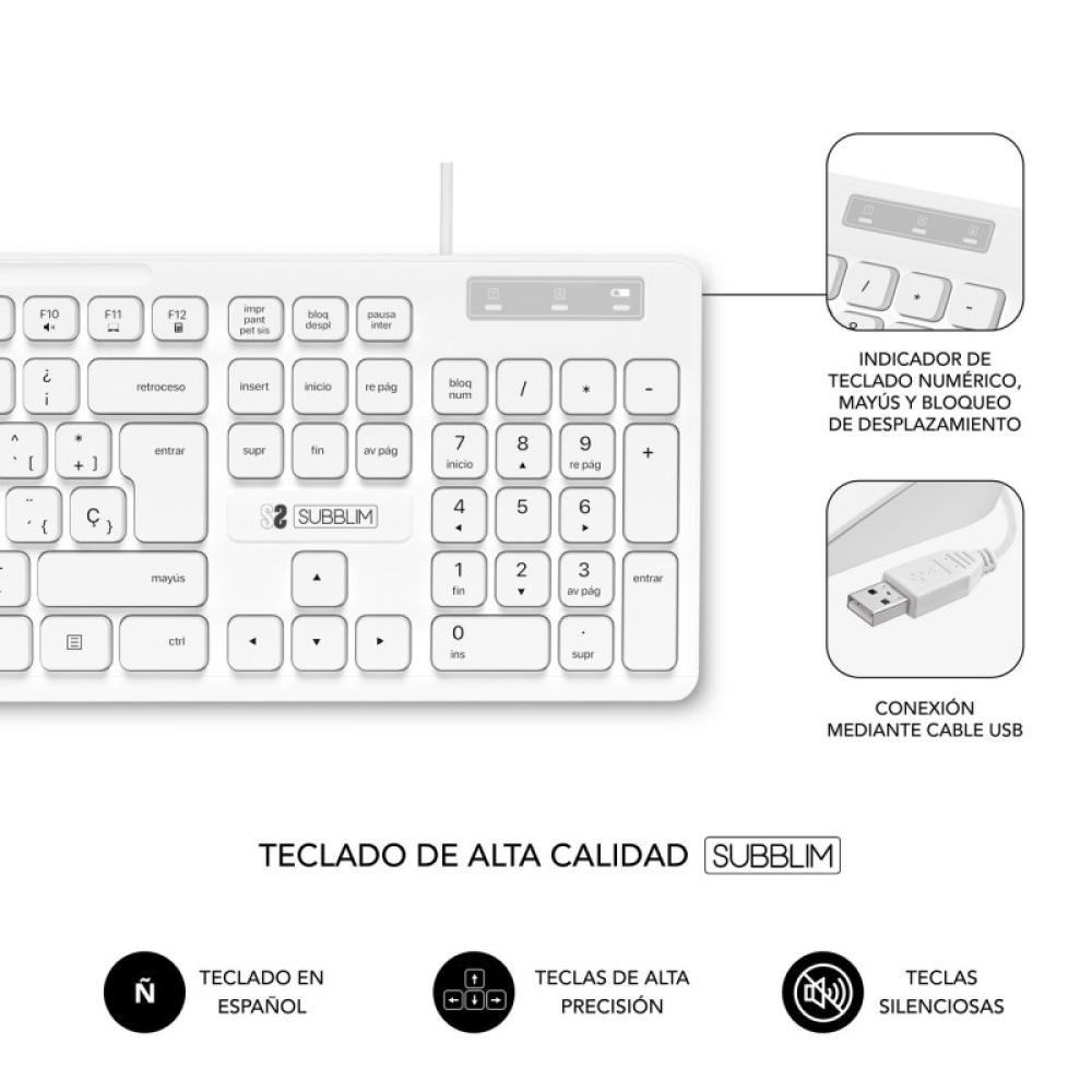 SUBBLIM - Teclado Ergonómico y ratón Combo Business Slim Silencioso con cable USB Blanco