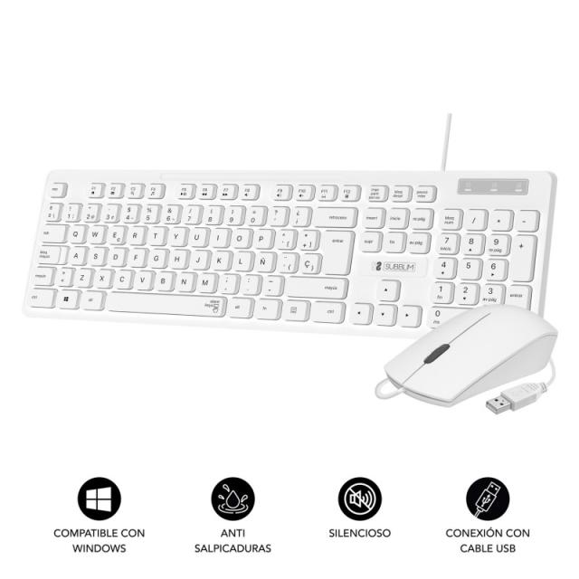 SUBBLIM - Teclado Ergonómico y ratón Combo Business Slim Silencioso con cable USB Blanco
