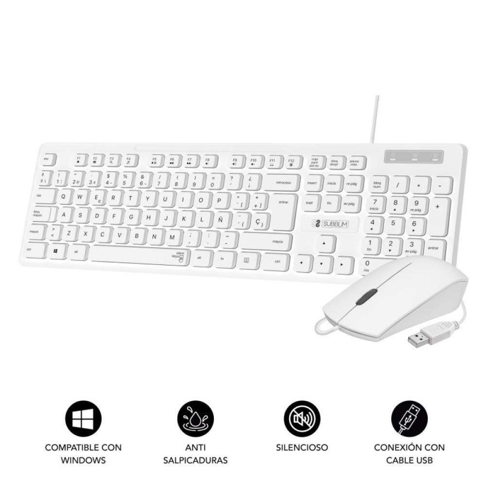 SUBBLIM - Teclado Ergonómico y ratón Combo Business Slim Silencioso con cable USB Blanco