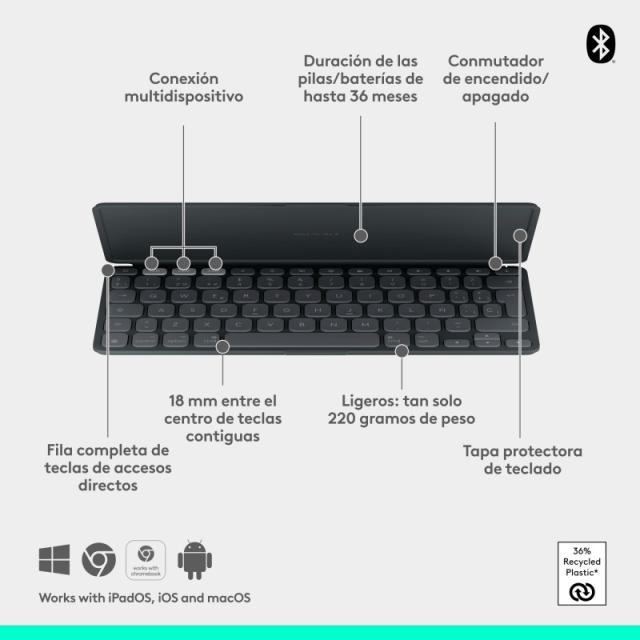 Logitech - Keys-To-Go 2, teclado inalámbrico portátil para iPad con tapa integrada, estilizado y compacto, para iPad, iPhone, Ma