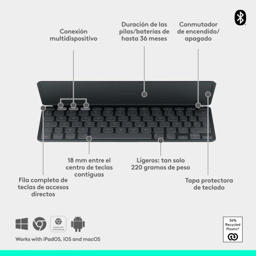 Logitech - Keys-To-Go 2, teclado inalámbrico portátil para iPad con tapa integrada, estilizado y compacto, para iPad, iPhone, Ma