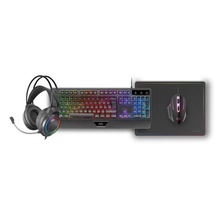 Mars Gaming - MCP124PRO, Combo Gaming 4en1, Teclado RGB H-Mech con Reposamuñecas, Ratón RGB 3200DPI y Switches HUANO, Auriculare