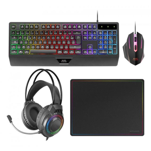 Mars Gaming - MCP124PRO, Combo Gaming 4en1, Teclado RGB H-Mech con Reposamuñecas, Ratón RGB 3200DPI y Switches HUANO, Auriculare