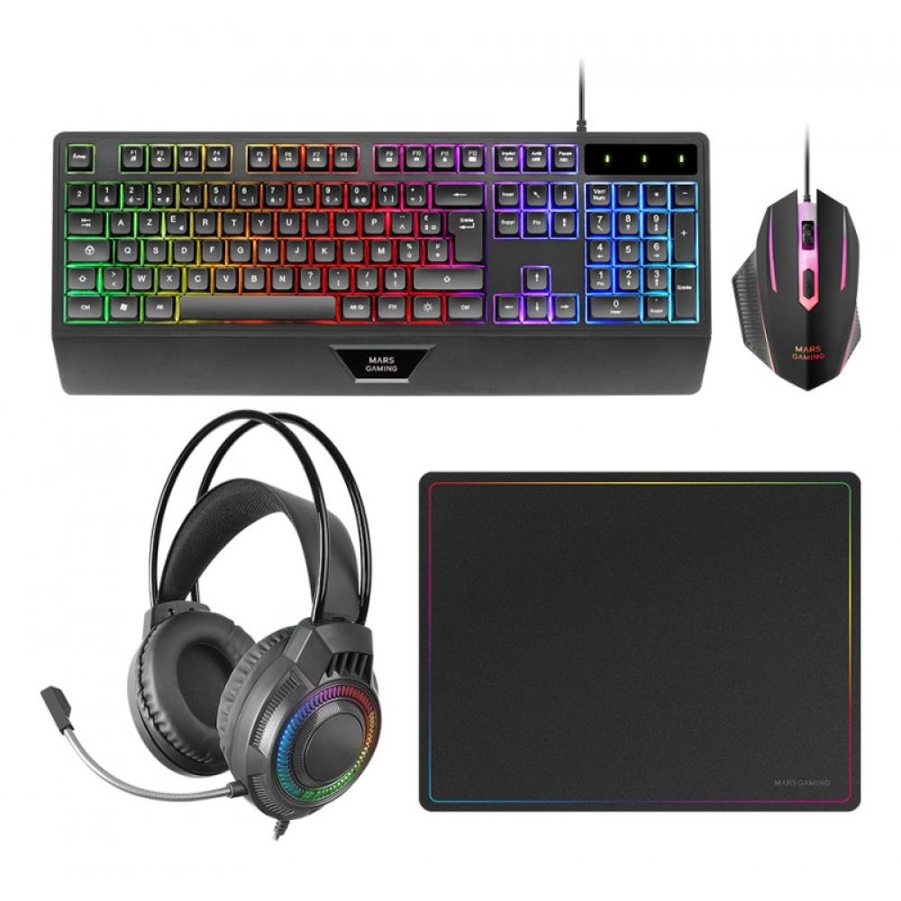 Mars Gaming - MCP124PRO, Combo Gaming 4en1, Teclado RGB H-Mech con Reposamuñecas, Ratón RGB 3200DPI y Switches HUANO, Auriculare