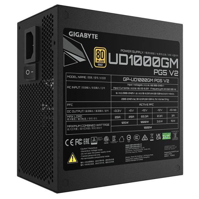 GIGABYTE - UD1000GM PG5 V2 Fuente de Alimentación – PCIe Gen 5.1, 80 PLUS Gold, Diseño completamente modular, Ventilador de 120