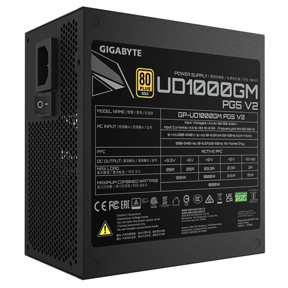 GIGABYTE - UD1000GM PG5 V2 Fuente de Alimentación – PCIe Gen 5.1, 80 PLUS Gold, Diseño completamente modular, Ventilador de 120