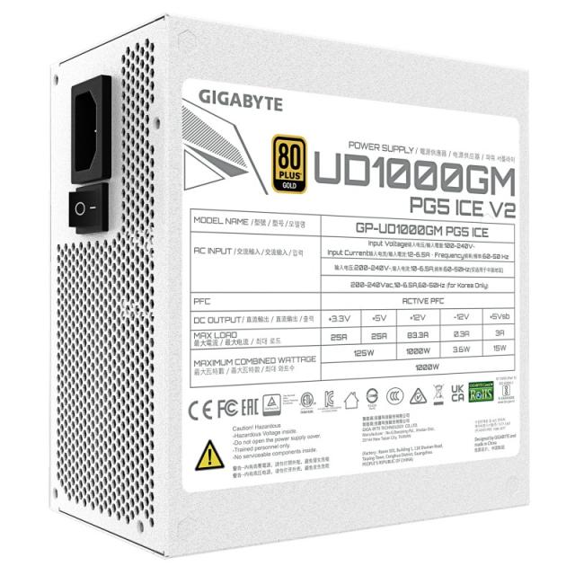 GIGABYTE - UD1000GM PG5 V2 ICE Fuente de Alimentación – PCIe Gen 5.1, 80 PLUS Gold, Diseño completamente modular, Ventilador de