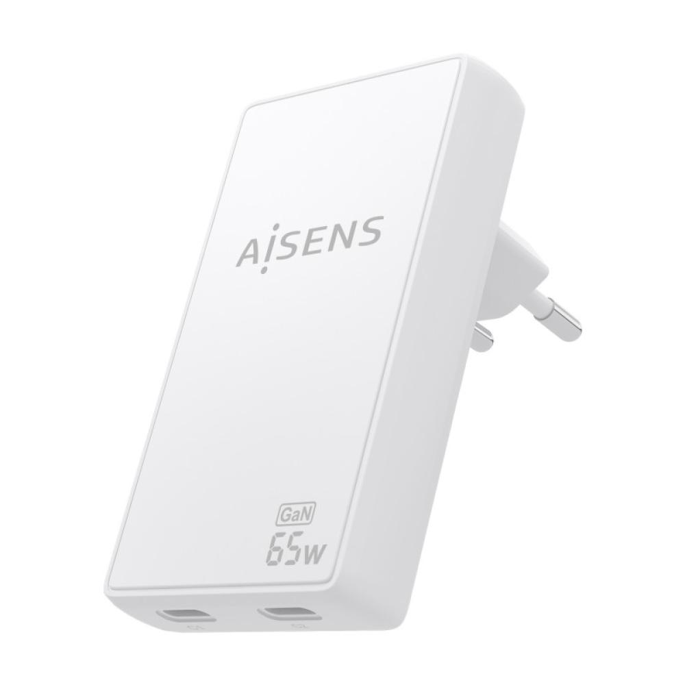 AISENS - Cargador De Pared GaN Ultra Delgado 65W, 2xUSB-C PD3.0 QC4.0, Blanco