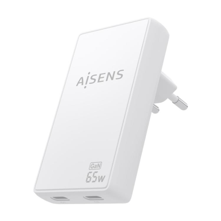 AISENS - Cargador De Pared GaN Ultra Delgado 65W, 2xUSB-C PD3.0 QC4.0, Blanco