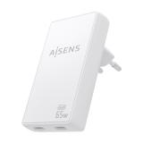 AISENS - Cargador De Pared GaN Ultra Delgado 65W, 2xUSB-C PD3.0 QC4.0, Blanco