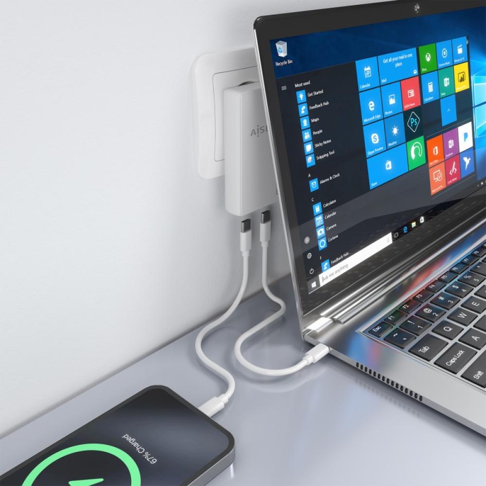 AISENS - Cargador De Pared GaN Ultra Delgado 65W, 2xUSB-C PD3.0 QC4.0, Blanco