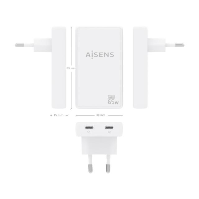 AISENS - Cargador De Pared GaN Ultra Delgado 65W, 2xUSB-C PD3.0 QC4.0, Blanco
