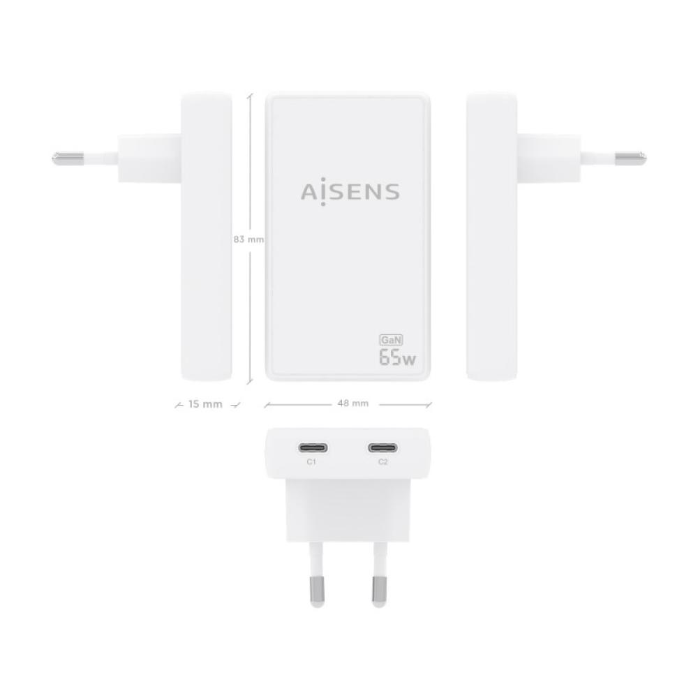 AISENS - Cargador De Pared GaN Ultra Delgado 65W, 2xUSB-C PD3.0 QC4.0, Blanco